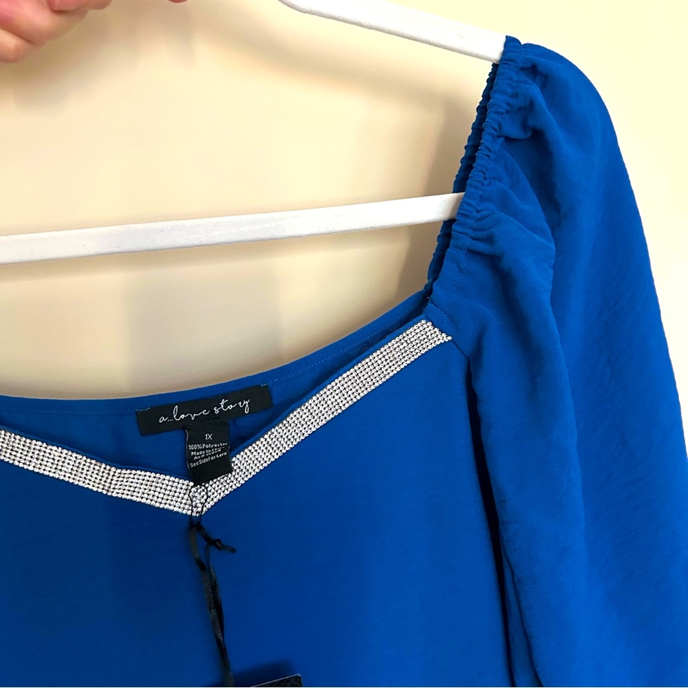 NEW A Love Story Women’s Elegant Royal Blue Blouse with Silver Accent - Picture 3 of 7